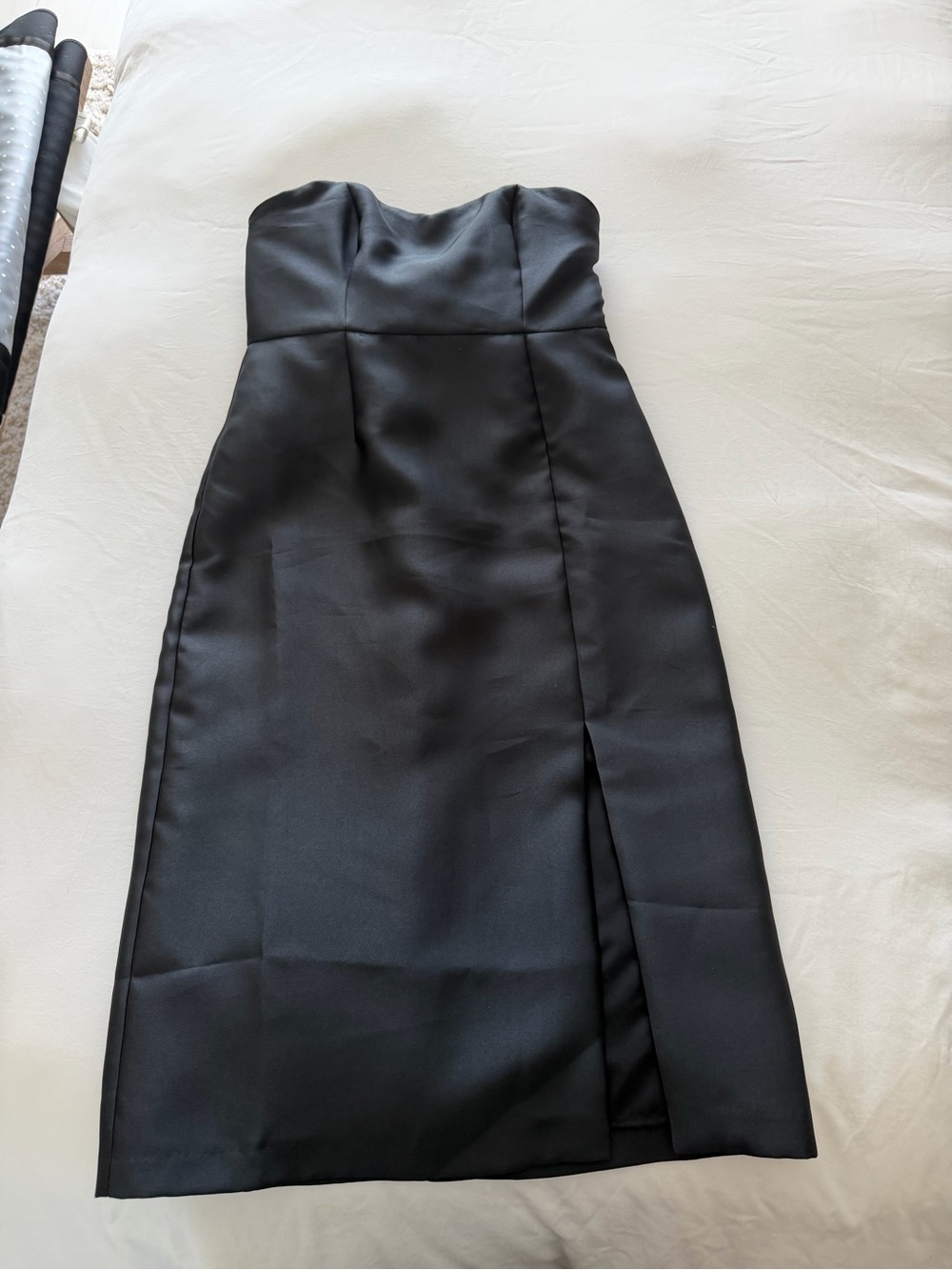 Anthropologie Black Strapless Satin Midi Dress with Front Slit
